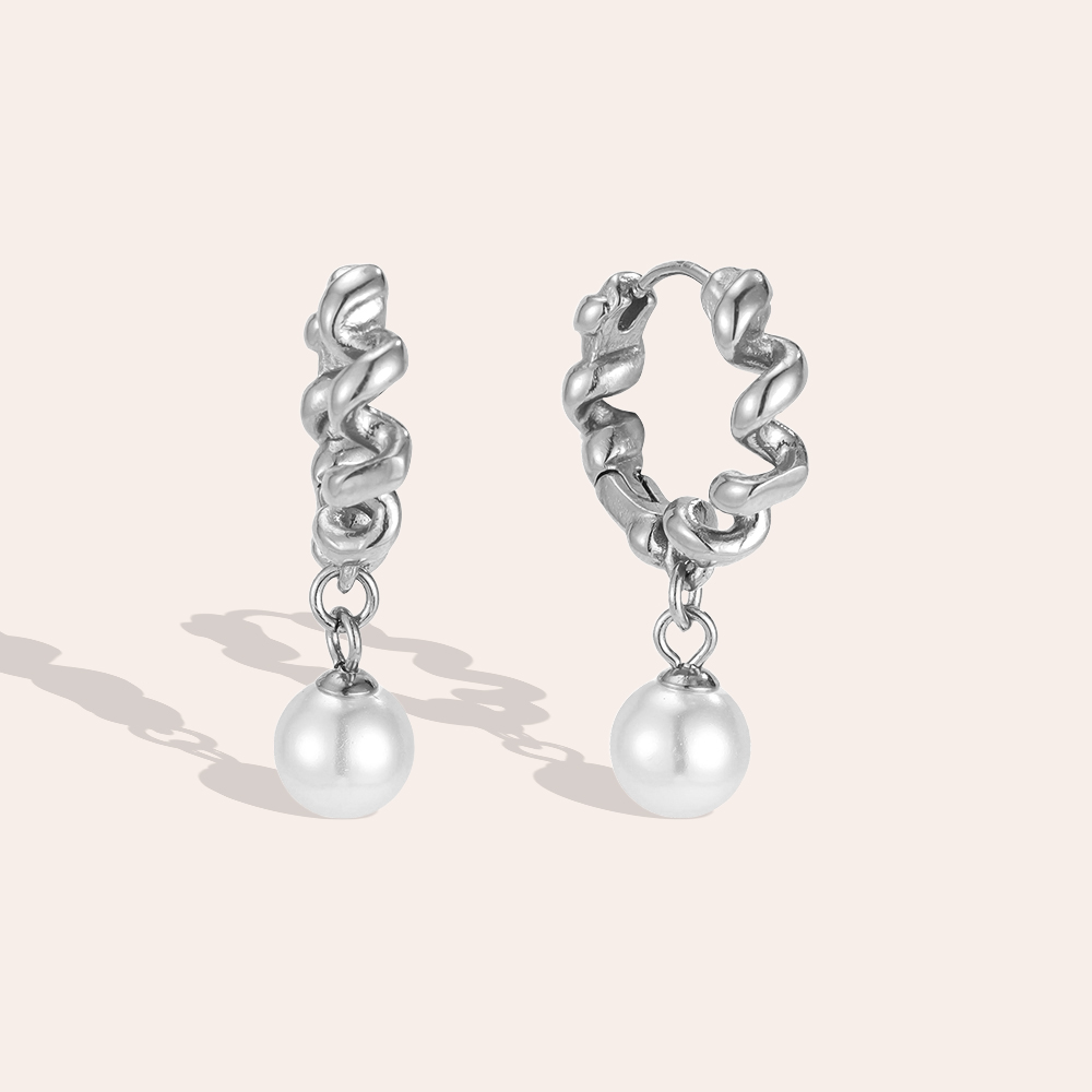 Edelstahl Ohrringe 29mm Schöne gedrehte Creolen mit Perle
