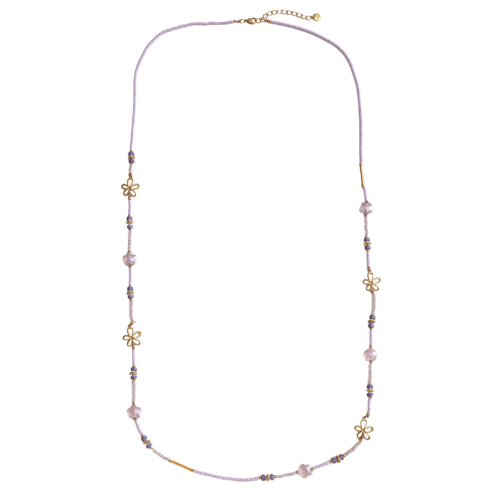 Edelstahl Halskette 94cm kleine Harzperlenkette mit goldenen Blumen