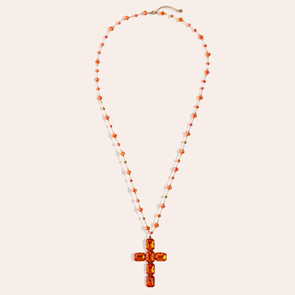Edelstahl  Halskette 86cm Glass Kristall Kreuz 
