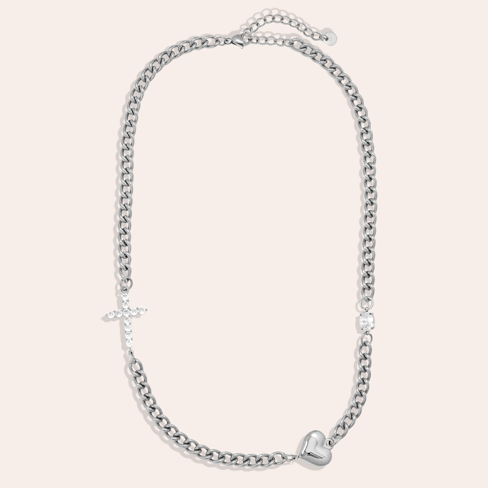 Edelstahl Halskette 45cm Heart And Diamond Cross