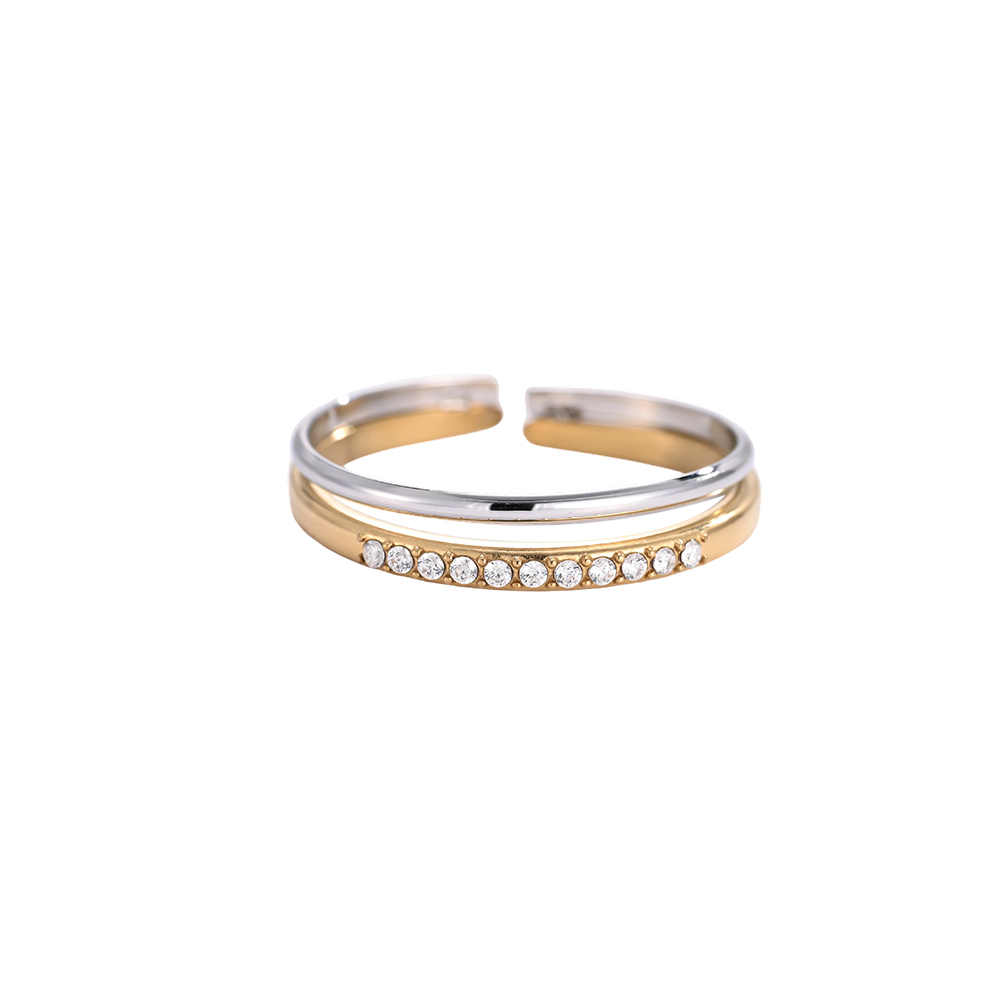 Edelstahl Ring Verstellbar Zweifarbiger Doppelring mit kleinen Zirkonia