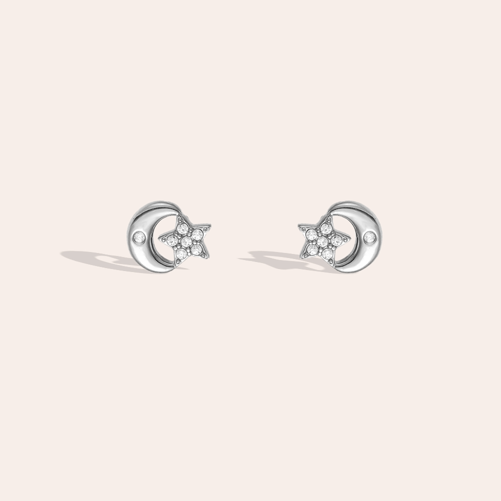 Edelstahl Ohrringe 7mm Zirkonia Stern und Mond