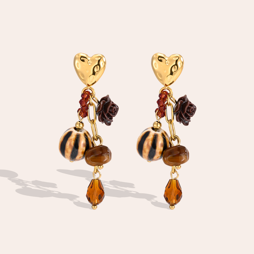 Edelstahl Ohrringe 52*11mm Goldene Herzen mit braunen Blumen und Kugeln