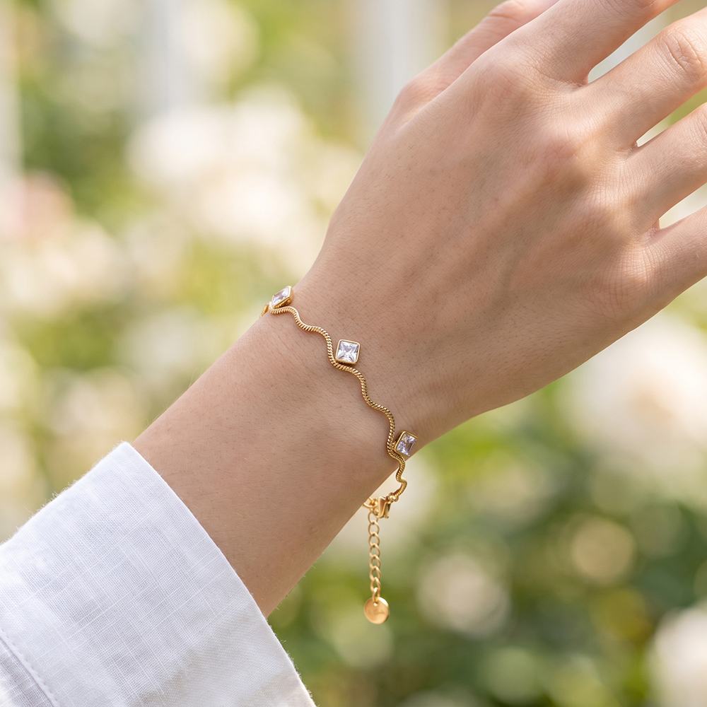 Edelstahl Armband 17cm Wellenkette mit Cube Zirkonia