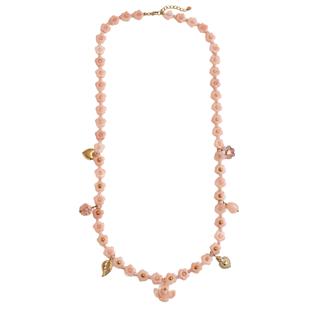 Edelstahl Halskette 90cm Harzblumen-Kette mit Charms