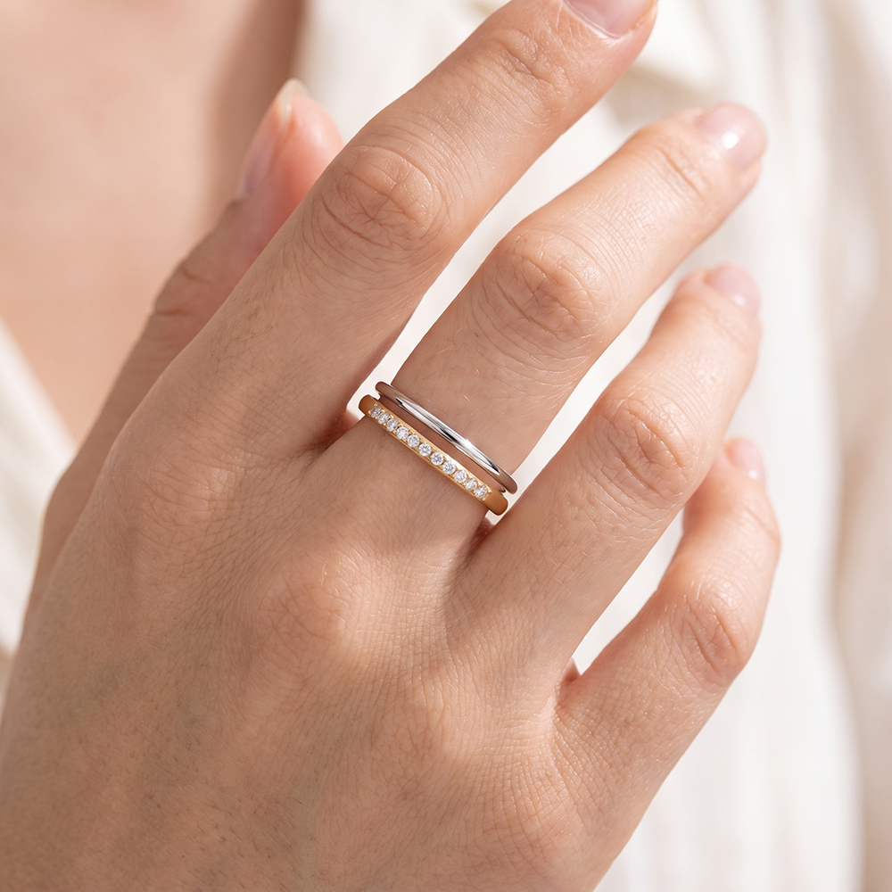 Edelstahl Ring Verstellbar Zweifarbiger Doppelring mit kleinen Zirkonia