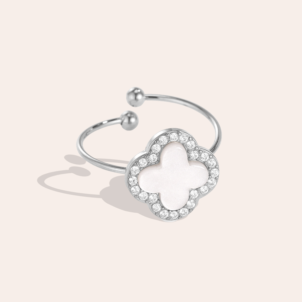 Edelstahl Ring Verstellbarer Acryl Kleeblatt mit einem Zirkonia Rand