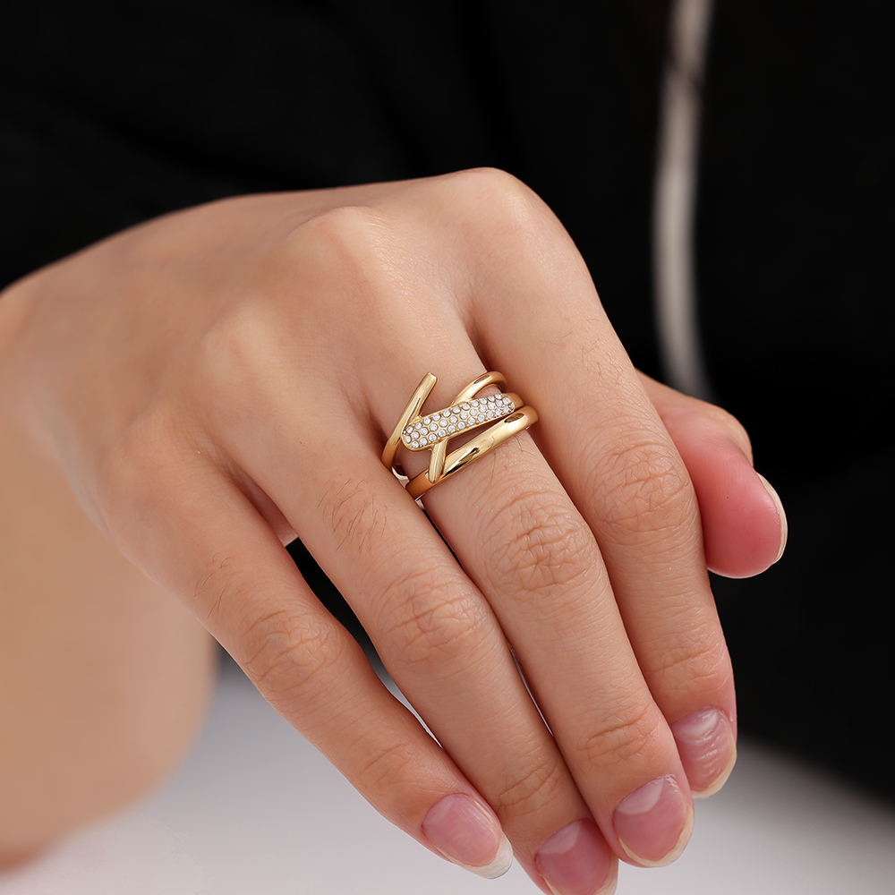 Edelstahl Ring Verstellbar Zirkonia Mehrreihig Gekreuzt