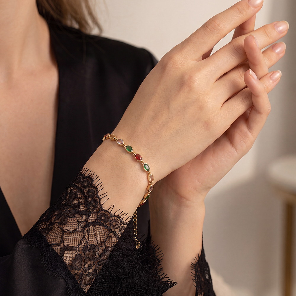 Edelstahl Armband 17cm viele oval bunte funkelnde Zirkonia     