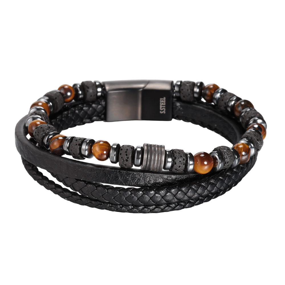  Edelstahl Armband PU Braid Mehrschichtiger Naturstein