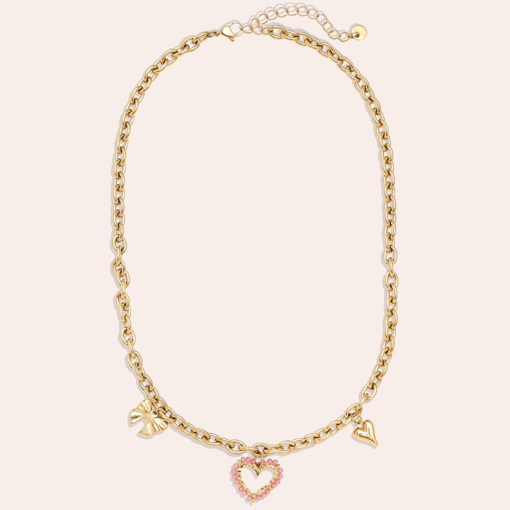 Edelstahl Halskette 42cm Pink Heart And Charms