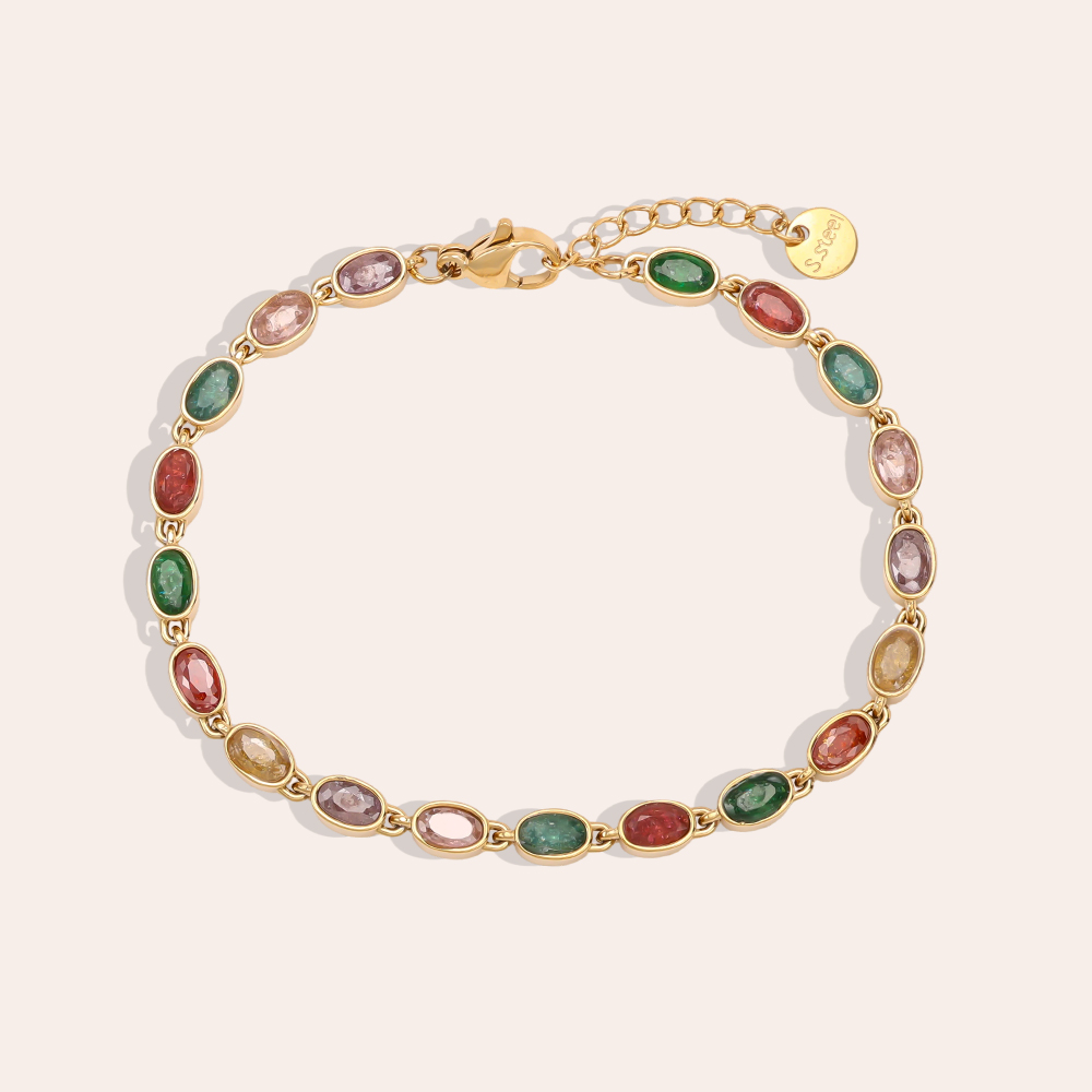 Edelstahl Armband 17cm viele oval bunte funkelnde Zirkonia     