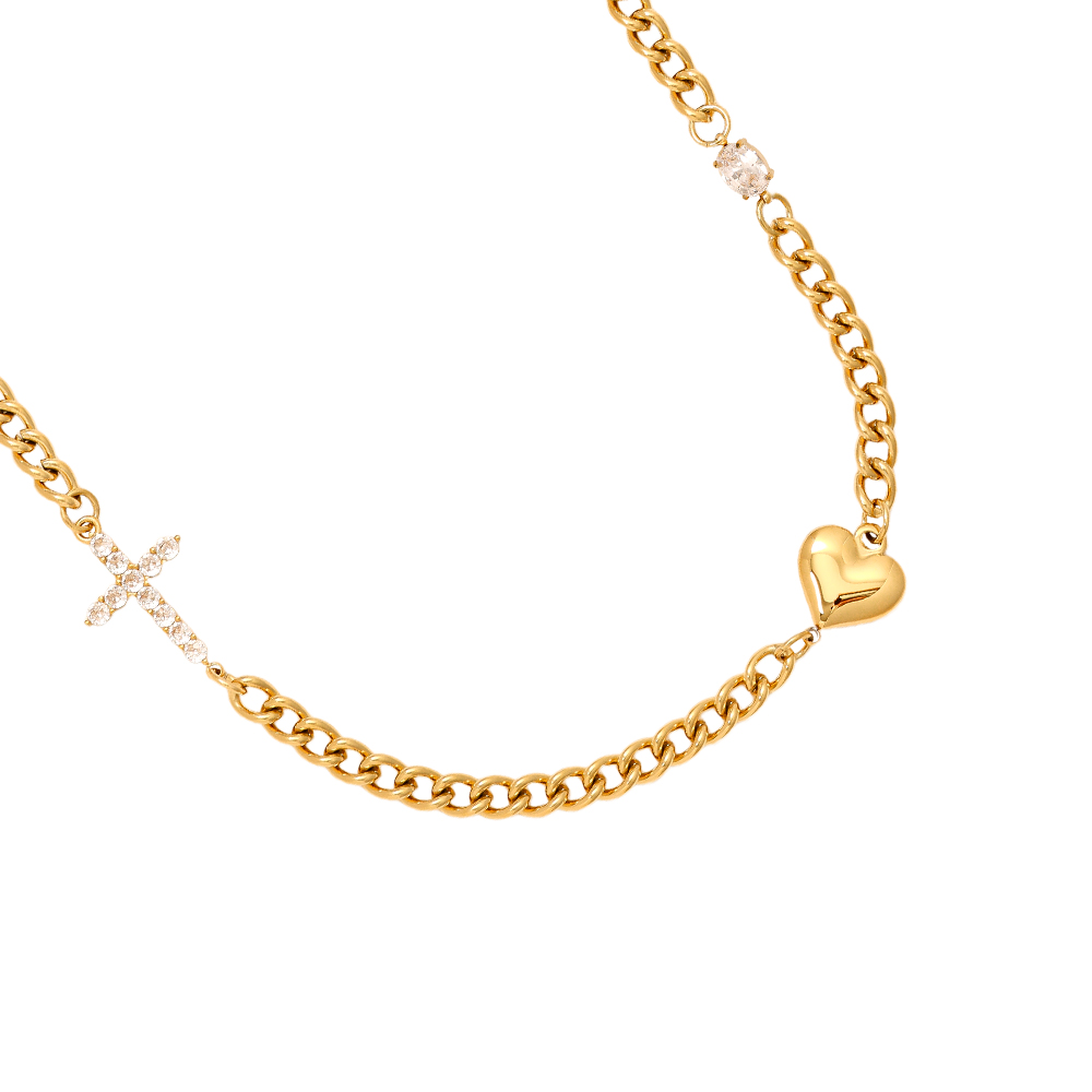 Edelstahl Halskette 45cm Heart And Diamond Cross