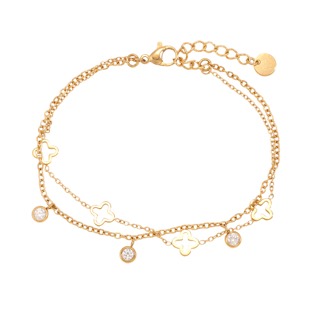 Edelstahl Armband 17cm zweilagiges Kleeblatt mit Zirkonia