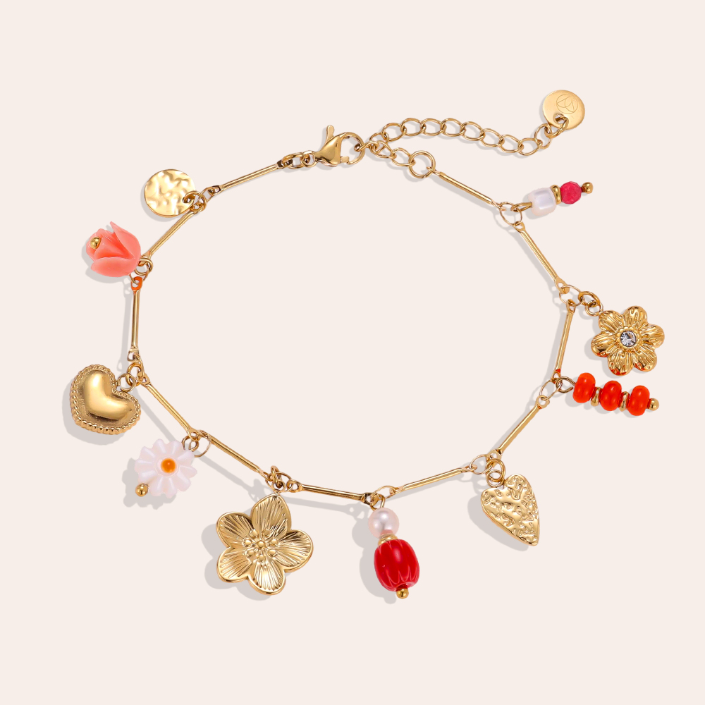 Edelstahl Armband 17cm Perlen Blume Rose
