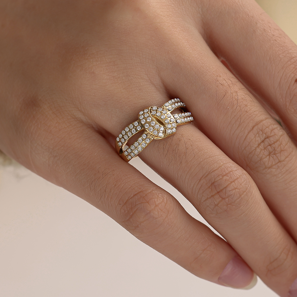 Edelstahl Ring Verstellbarer Doppel Zirkonia mit Knoten