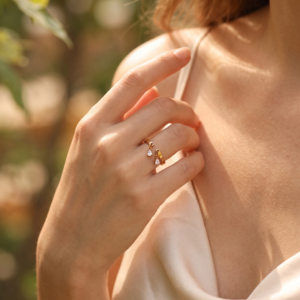 Edelstahl Ring Verstellbarer Zwei kleine Tropfen Zirkonia