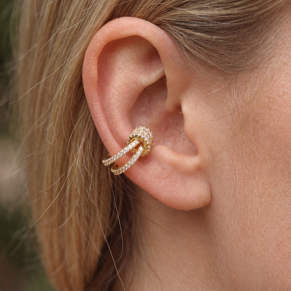 Vergoldete Ear-cuffs 15mm Doppellagiges Design mit kleinem Kreis Zirkonia