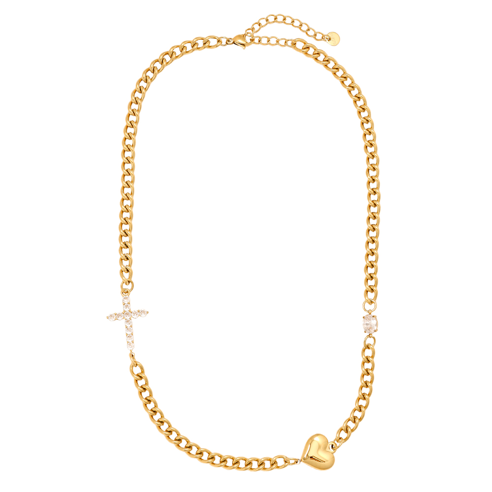 Edelstahl Halskette 45cm Heart And Diamond Cross