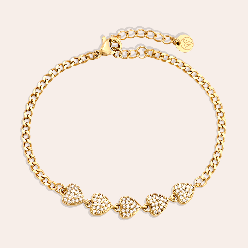 Edelstahl Armband 16cm 5 Zirkonia Herzen