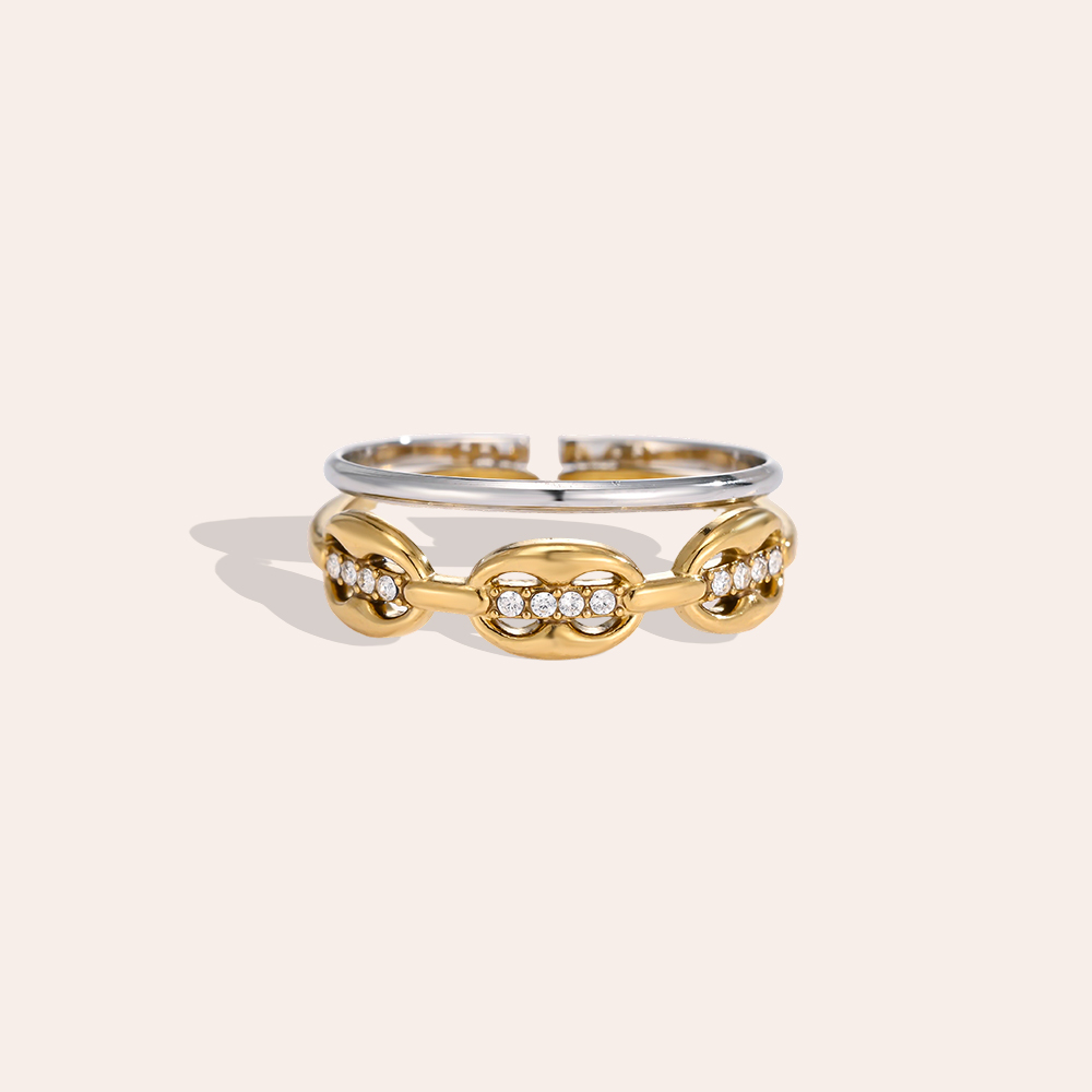 Edelstahl Ring Verstellbar Oval Link Zirkonia Mehrreihig