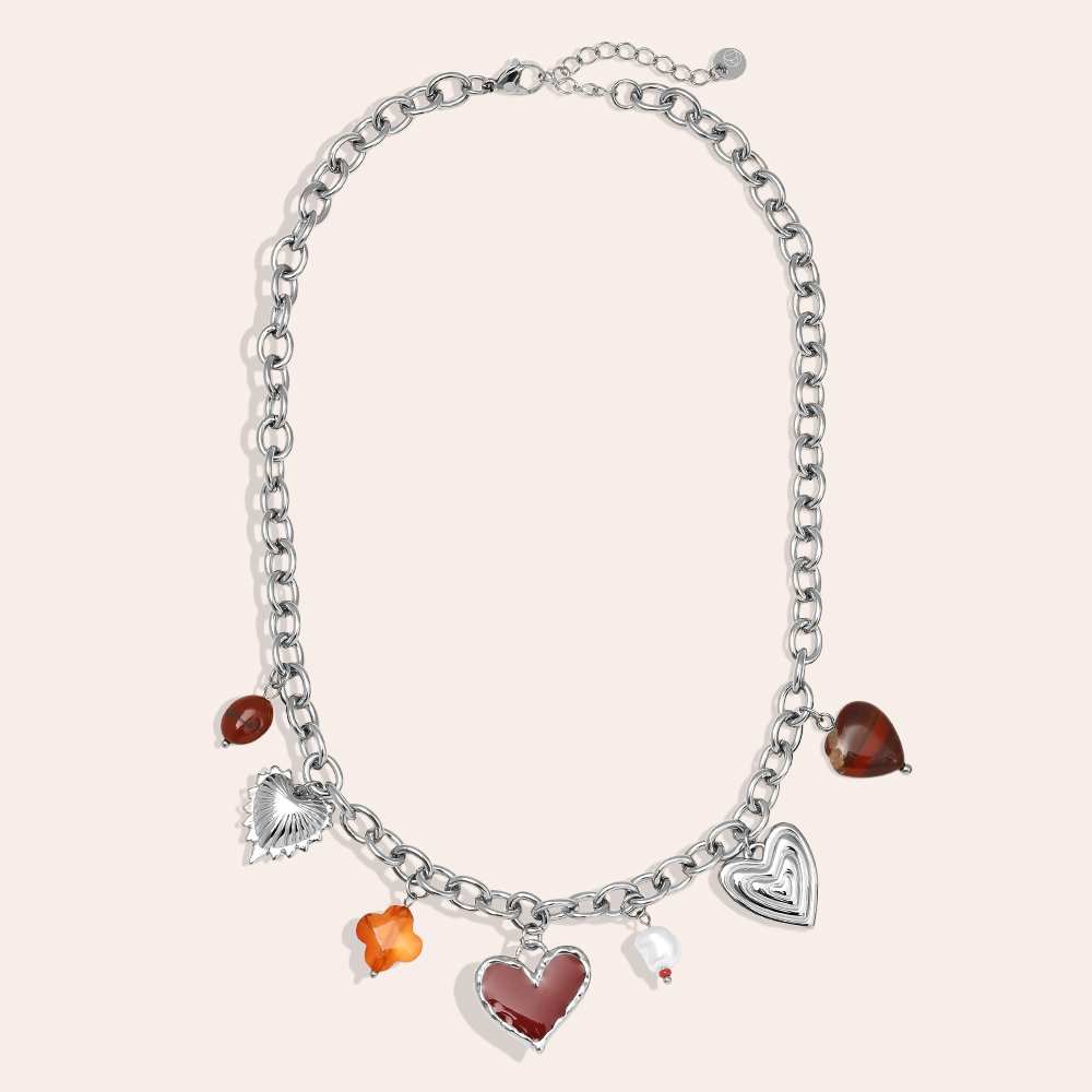 Edelstahl Halskette 40cm Red Heart And Charms