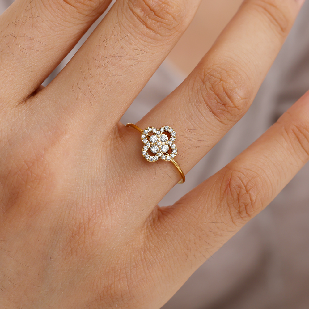 Edelstahl Ring Diamond Lucky Flower