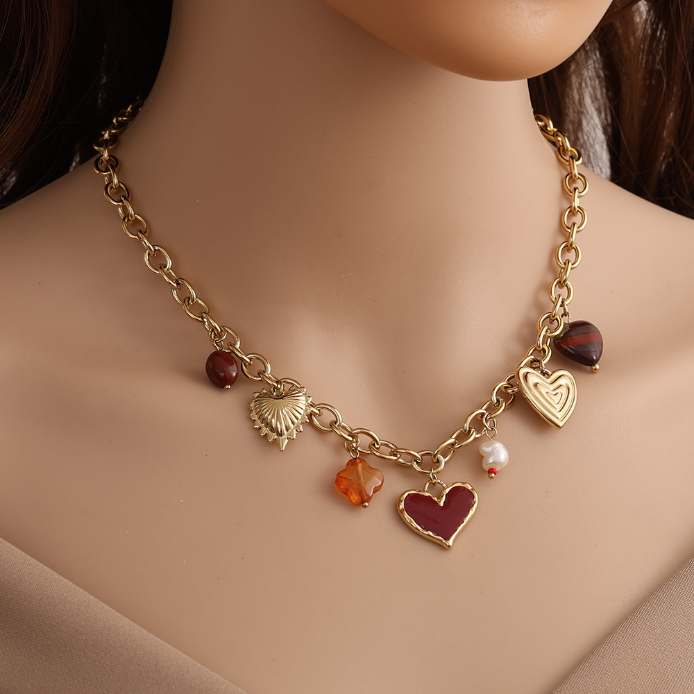Edelstahl Halskette 40cm Red Heart And Charms