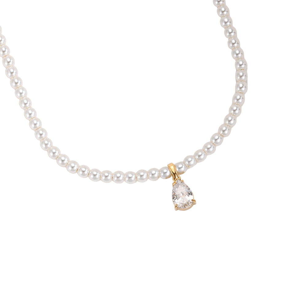 Edelstahl Halskette 39cm Tropfen Zirkonia und Perlenkette