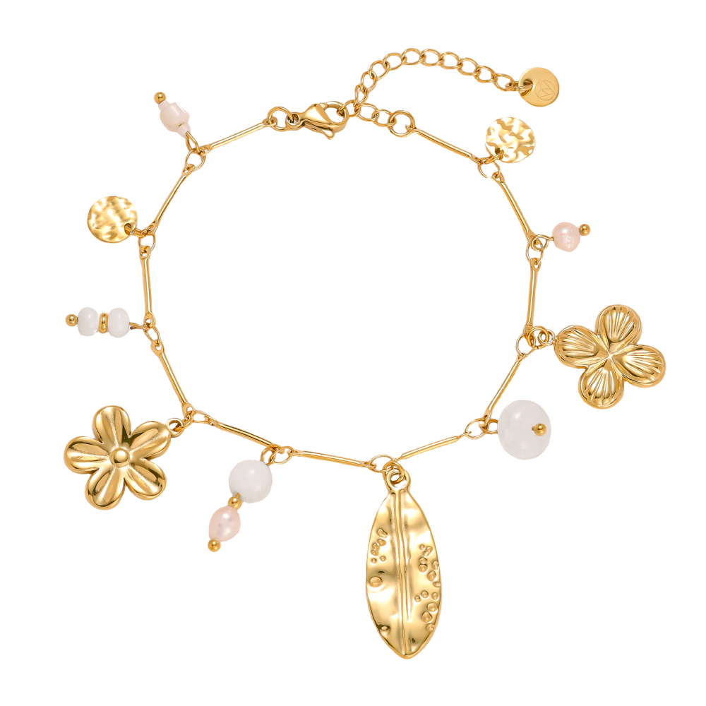 Edelstahl Armband 17cm Perlen Blume Blatt