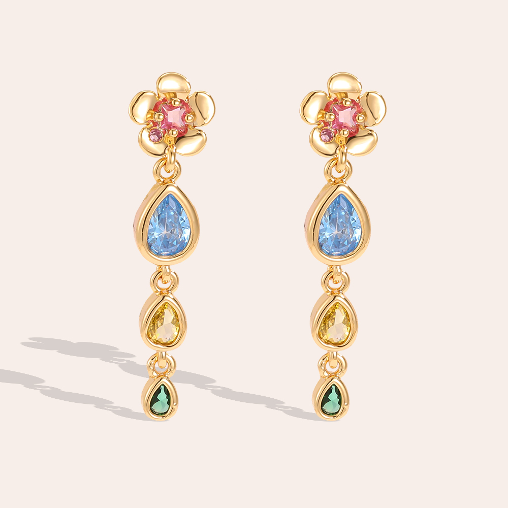 Vergoldete Ohrringe 30mm Zirkonia Blumen und farbige Tropfen