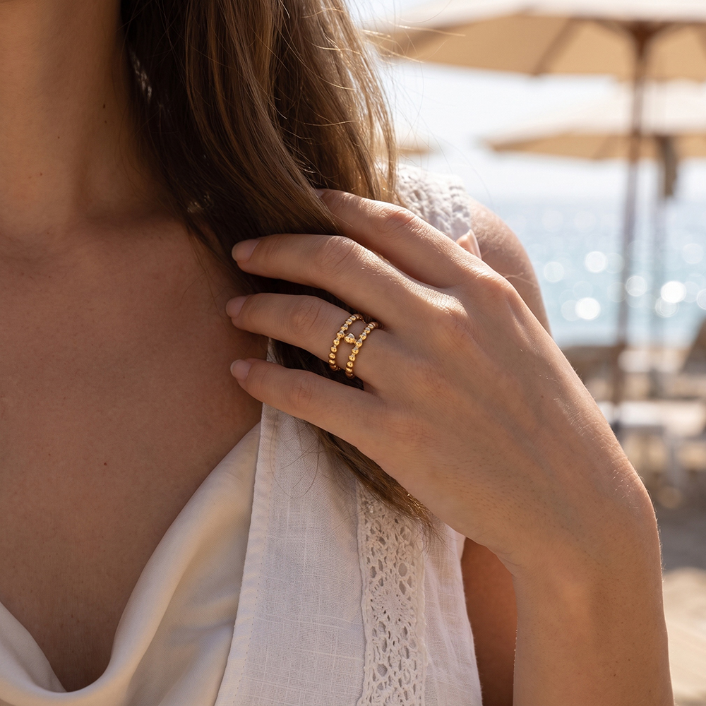 Edelstahl Ring Verstellbar klein Doppelreihe Kugel