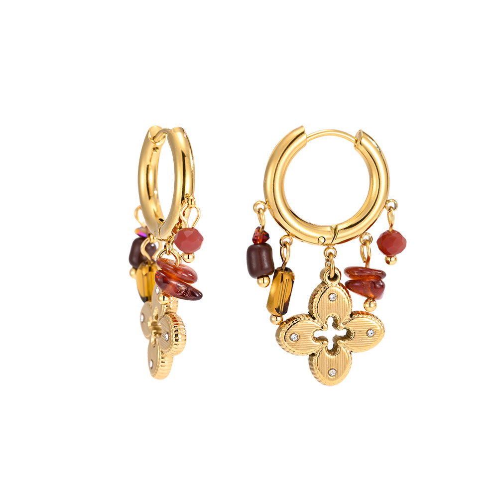 Edelstahl Ohrringe 37*18mm Goldene Blume mit braun Deko 