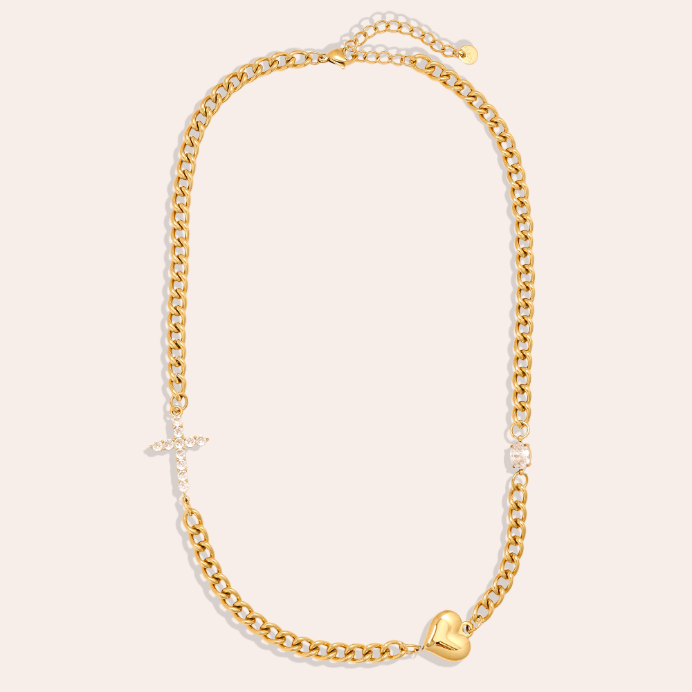 Edelstahl Halskette 45cm Heart And Diamond Cross