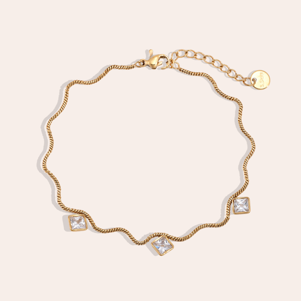 Edelstahl Armband 17cm Wellenkette mit Cube Zirkonia