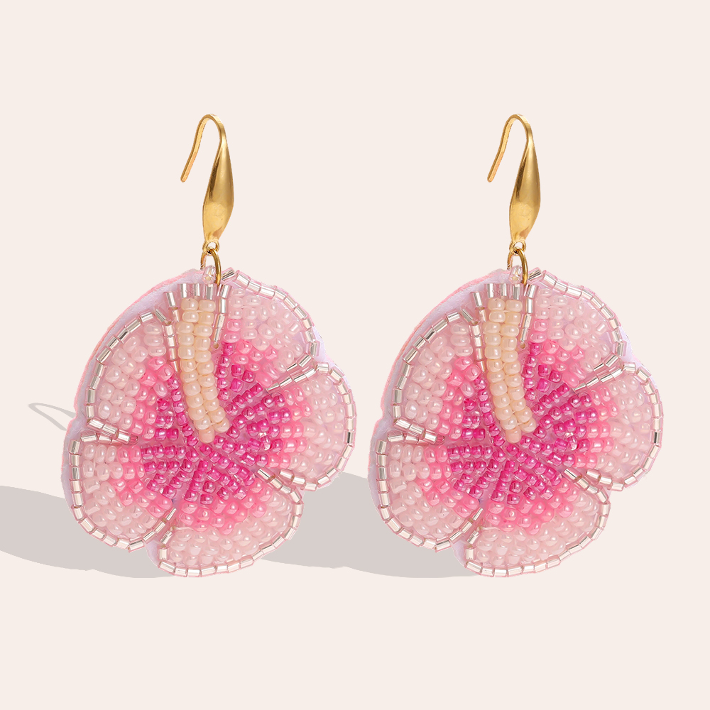 Edelstahl Ohrringe 65mm Pinke Beads Blumen