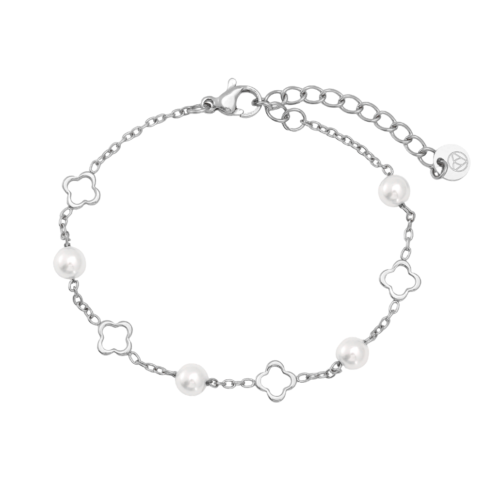 Edelstahl Armband 16cm Kleeblatt und Perlen