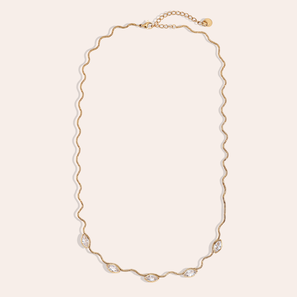 Edelstahl Halskette 42cm Wellenkette mit Auge Zirkonia