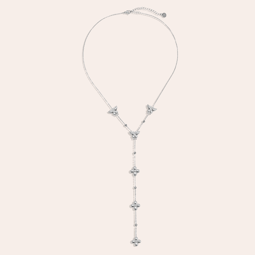Edelstahl Halskette 41cm Y-Kette mit Schmetterling und Blumen
