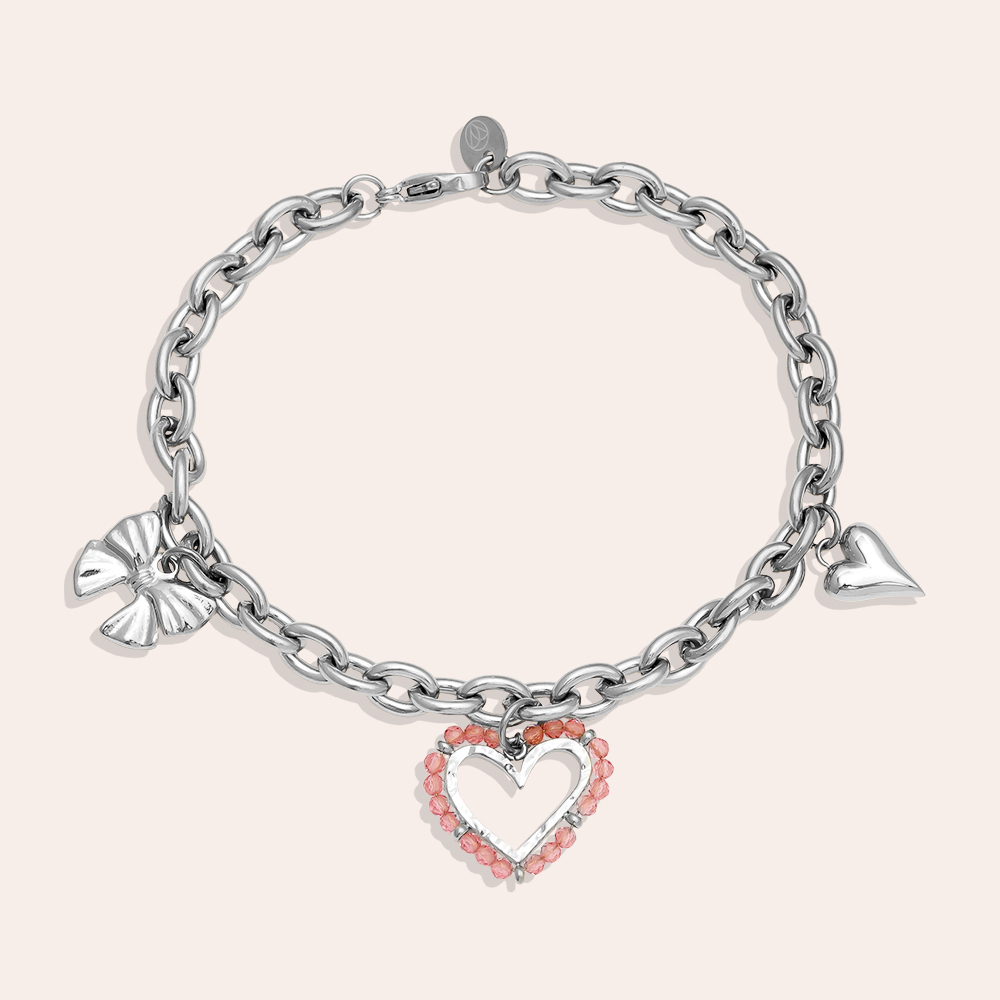Edelstahl Armkette 17cm Pink Heart And Charms