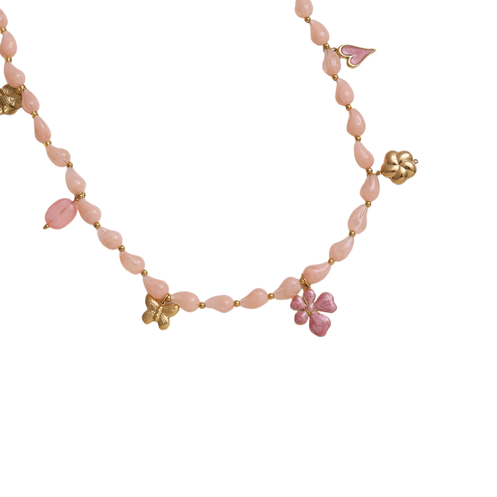 Edelstahl Halskette 89cm Kette mit Harztropfen und goldenen Schmetterling, Blume, Herz