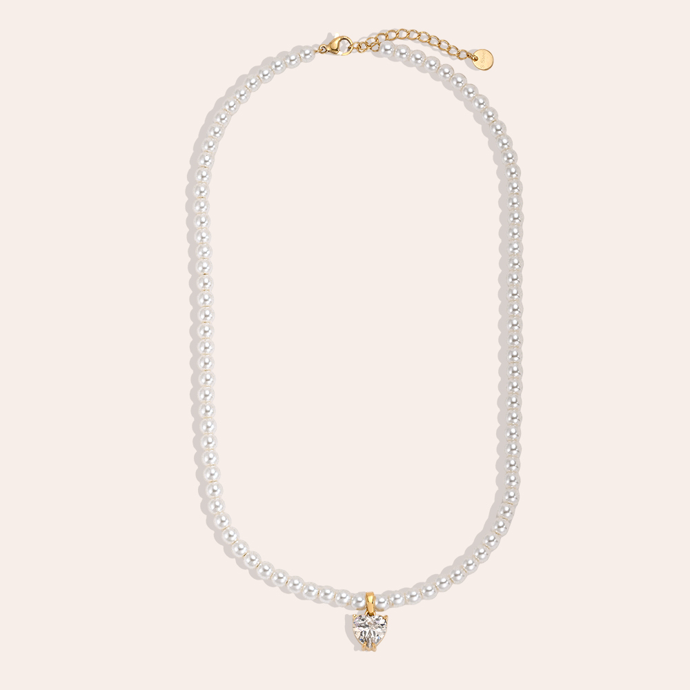 Edelstahl Halskette 39cm Herz Zirkonia und Perlenkette  