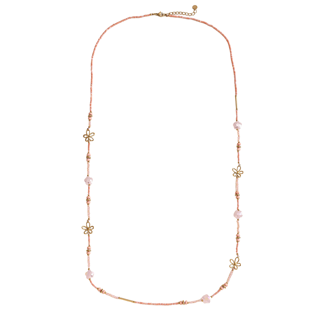 Edelstahl Halskette 94cm kleine Harzperlenkette mit goldenen Blumen