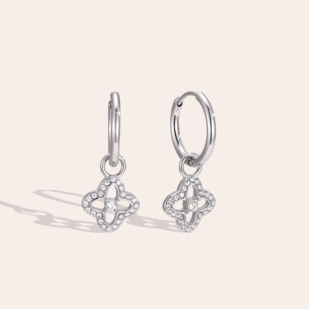 Edelstahl Ohrringe 25mm Feiner Zirkonia Kleeblatt