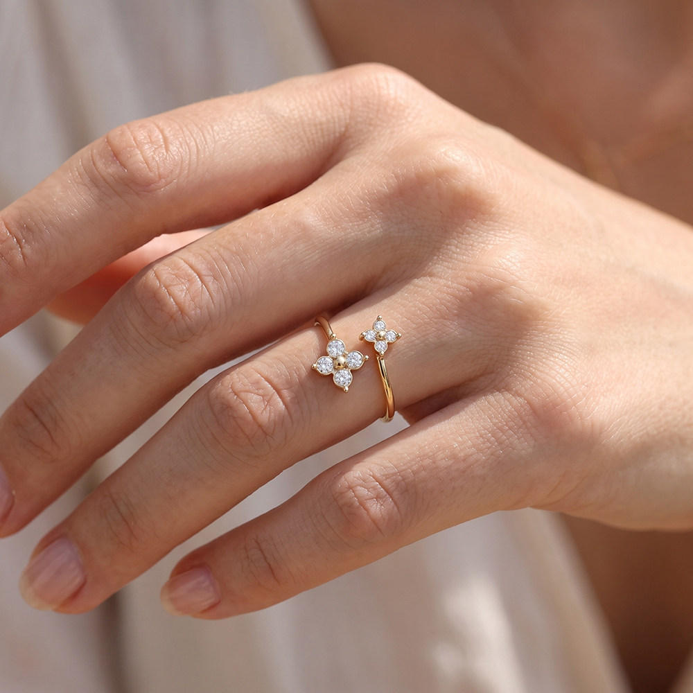 Edelstahl Ring Verstellbar Doppel Kleeblatt Zirkonia 
