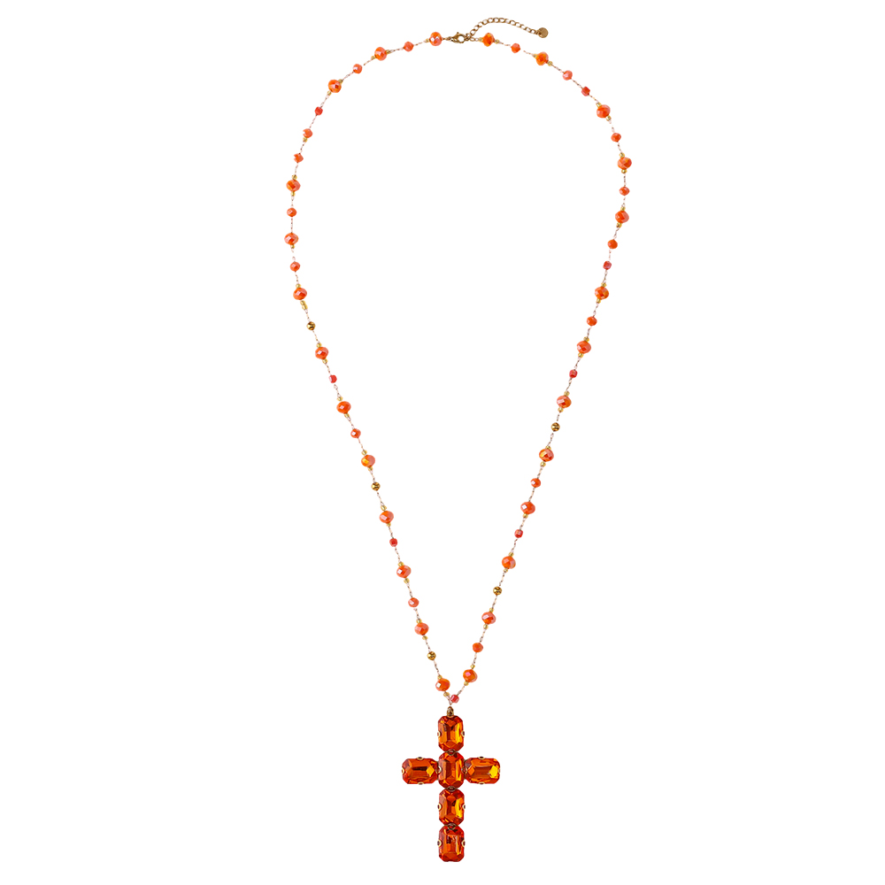 Edelstahl  Halskette 86cm Glass Kristall Kreuz 