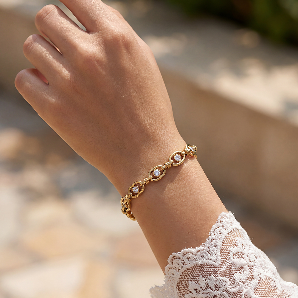 Edelstahl Armband 17cm ovale Kette mit Zirkonia