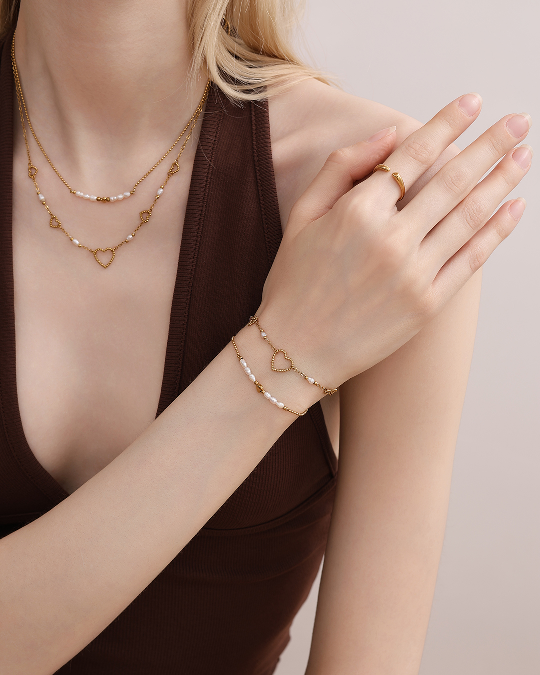 Edelstahl Armband 17cm Perle und Herz