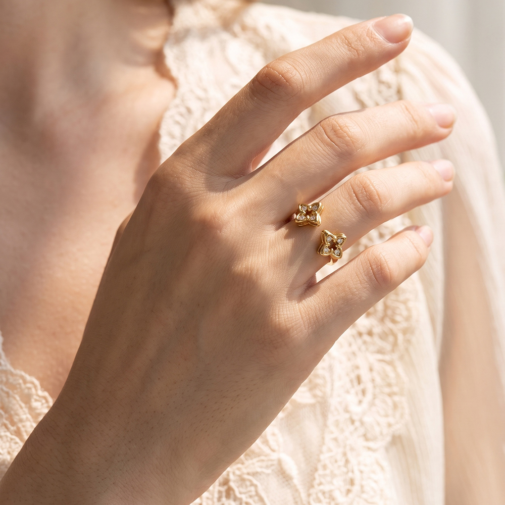 Edelstahl Ring Verstellbar Doppel Kleeblatt Zirkonia