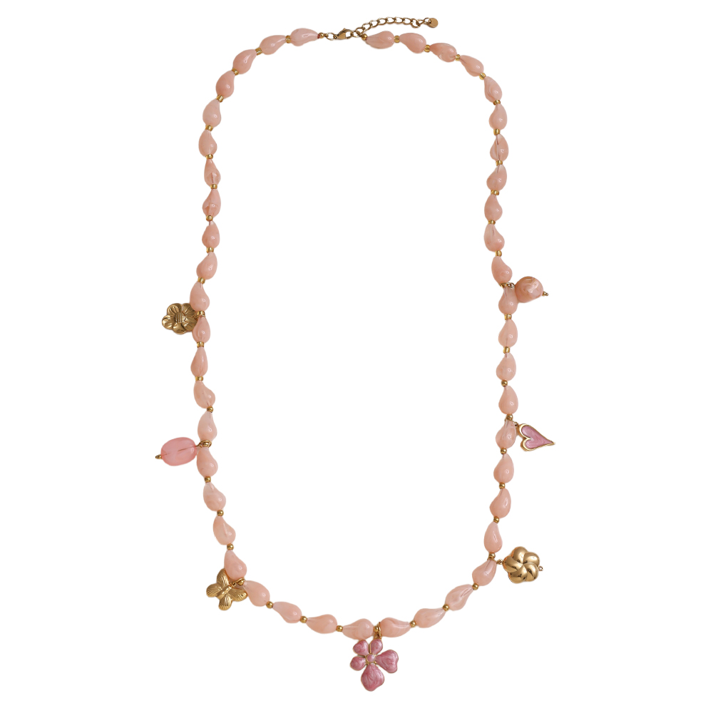 Edelstahl Halskette 89cm Kette mit Harztropfen und goldenen Schmetterling, Blume, Herz